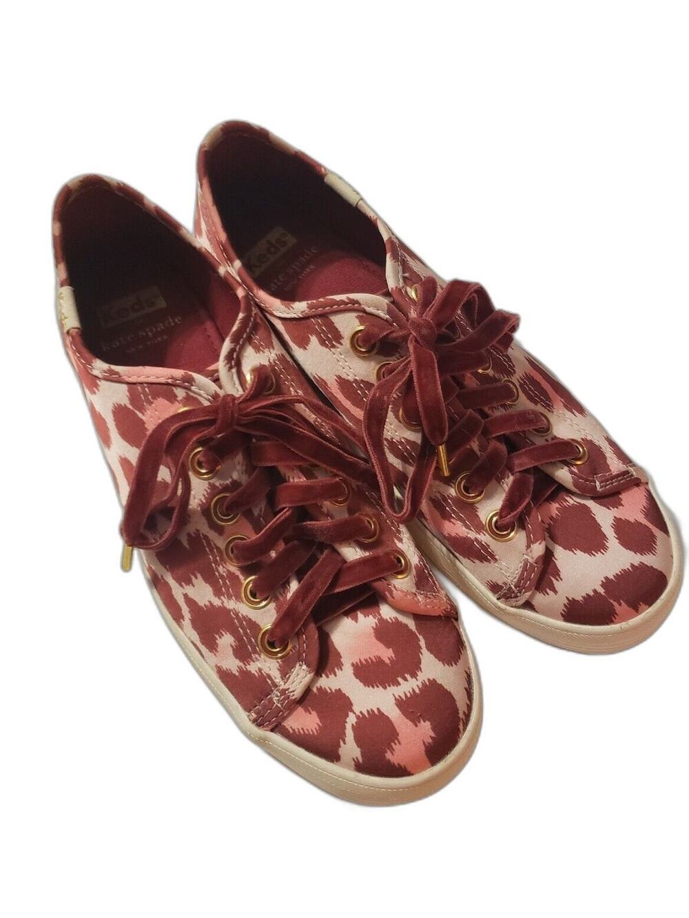 Keds Kate Spade Womens Size 6.5 Animal Print Pink Maroon Satin Tennis Shoes